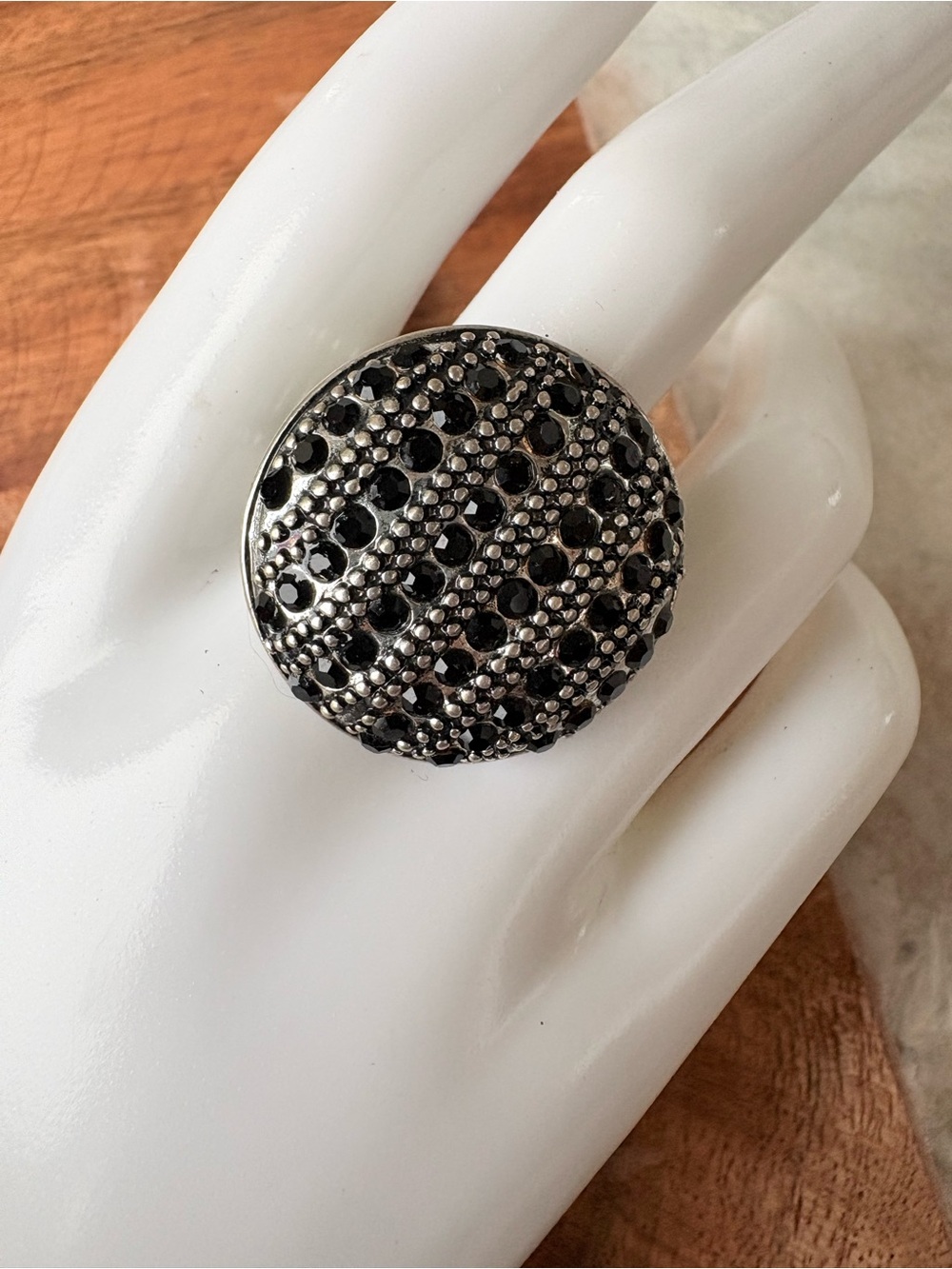 Vintage Black Crystal Round Statement Ring - Size 8.5 with Stretch Band